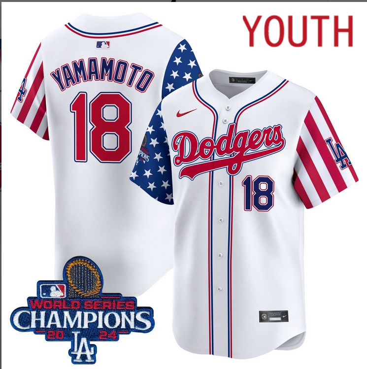 Youth  MLB Los Angeles Dodgers #18 Yamamoto American Style white 2024 World Series Champions  Limited Jersey->los angeles dodgers->MLB Jersey